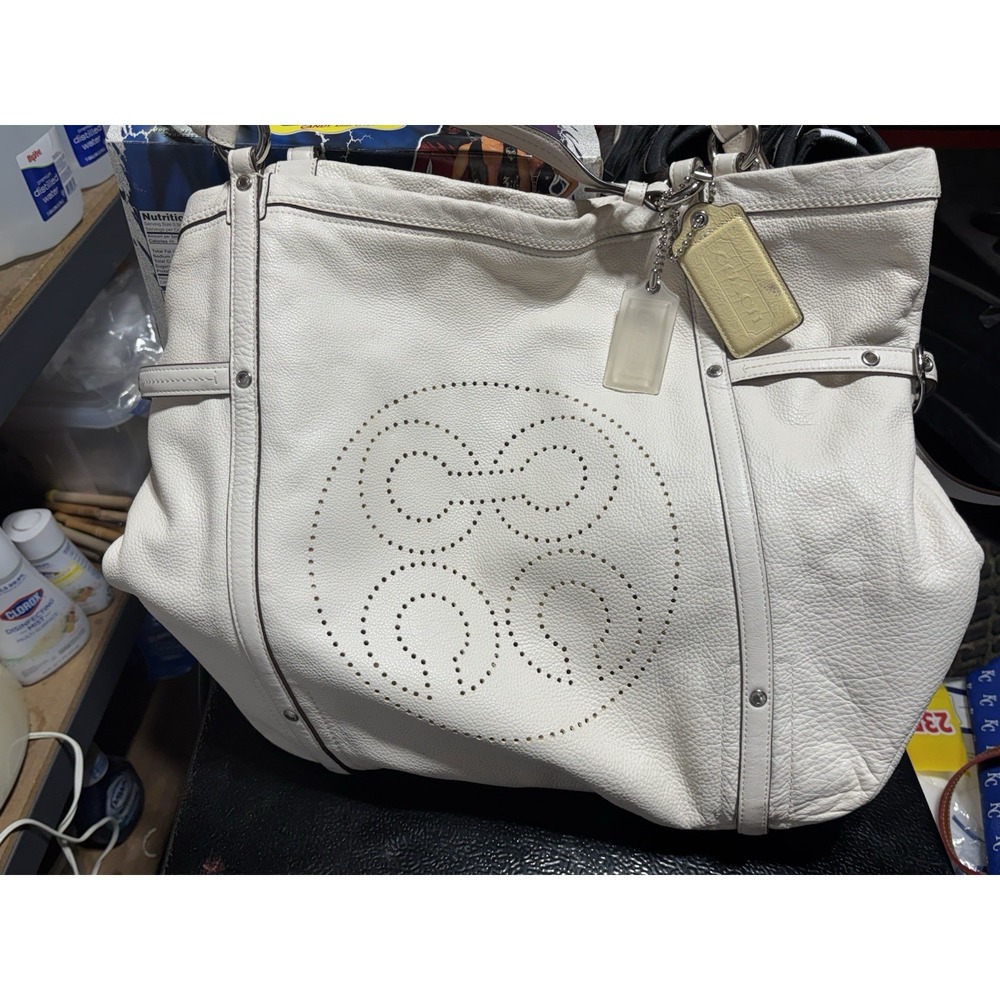 Coach Audrey White Leather Double Handle Large Tote Shoulder Bag